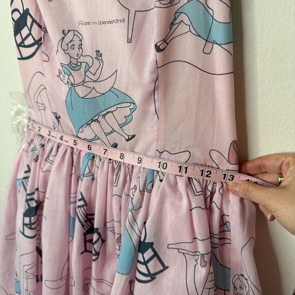 Cute Alice In Wonderland Print Pink & Blue Flowy Halter Top Apron Dress Zip SM - Picture 7 of 11